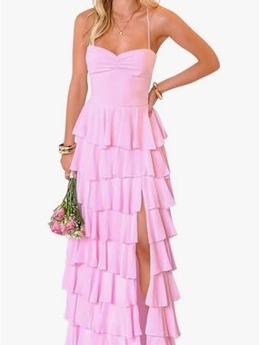 Pink Tiered Ruffle Maxi Dress with Spaghetti Straps
